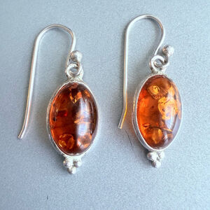 Baltic Cognac Amber Inclusions Dangle Drop Sterling Silver 925 Oval Earrings VTG